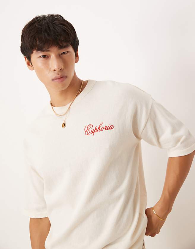 asos ASOS DESIGN relaxed knitted crew neck t-shirt with chest embroidery in white
