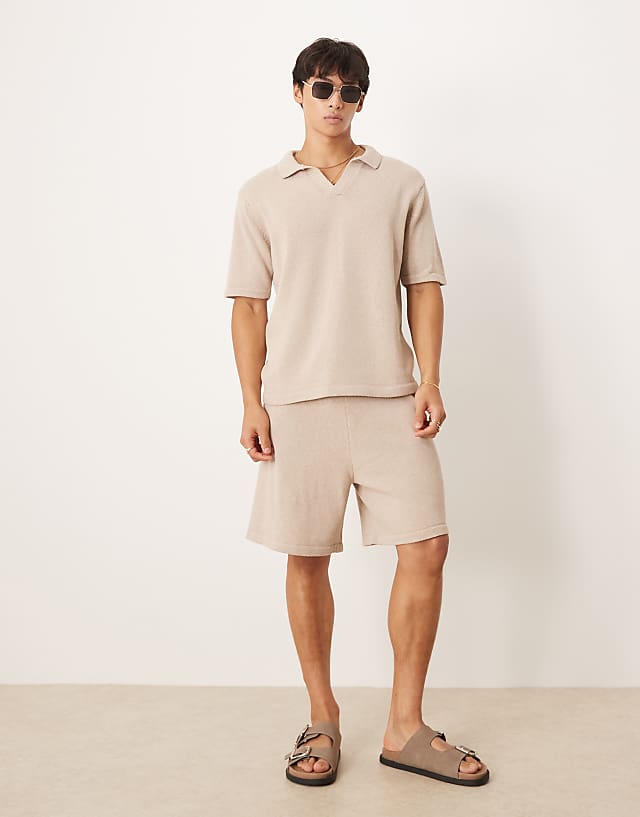 Asos ASOS DESIGN Relaxed Knitted Notch Neck Polo Co-ord In Mink