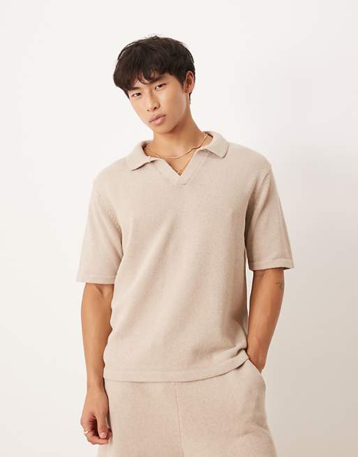 asos ASOS DESIGN relaxed knitted notch neck polo co-ord in mink