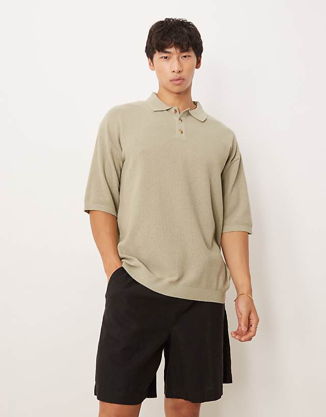 asos ASOS DESIGN relaxed knitted pique polo in khaki