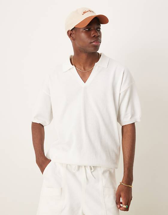 asos ASOS DESIGN relaxed knitted polo with notch neck in white