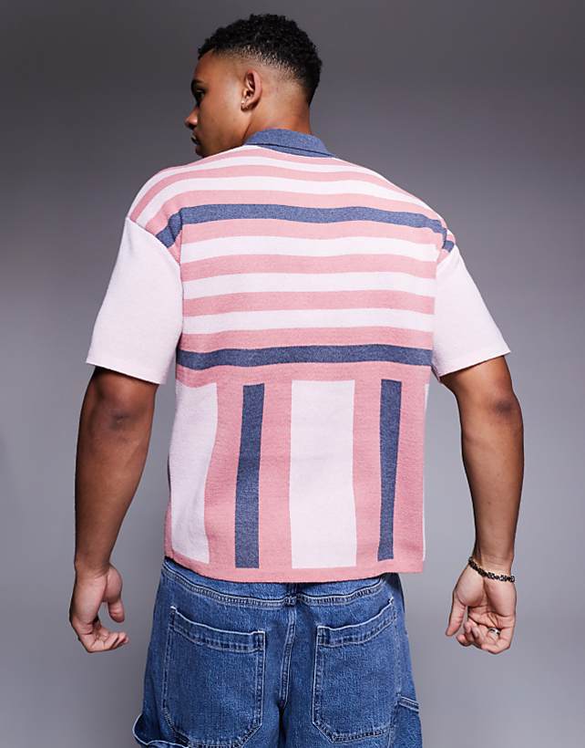Asos ASOS DESIGN Relaxed Knitted Polo With Reverie Graphic In Pink