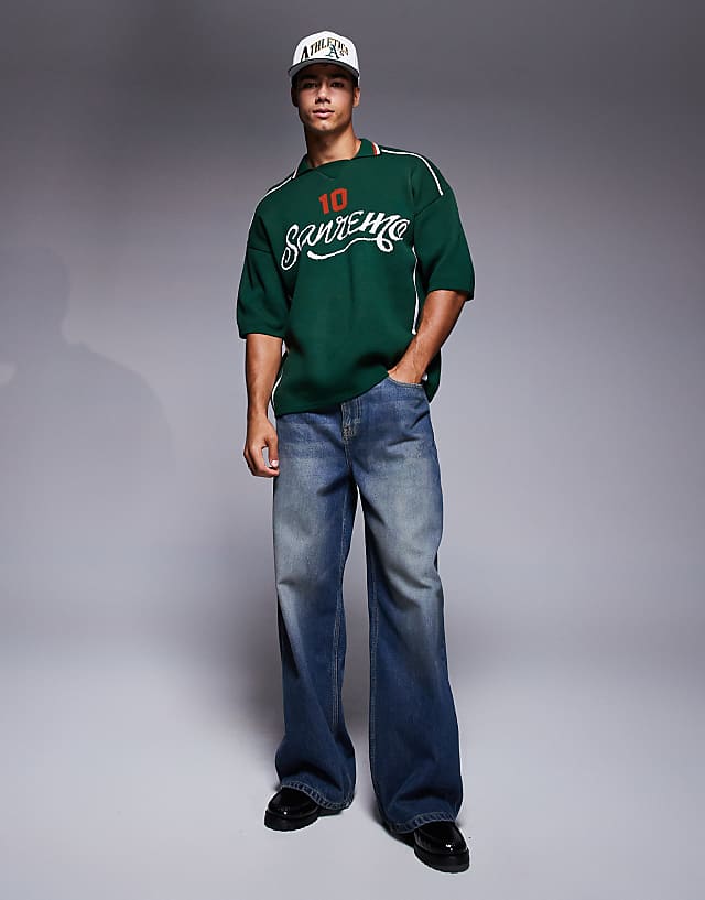Asos ASOS DESIGN Relaxed Knitted Polo With Sport Graphic In Dark Green