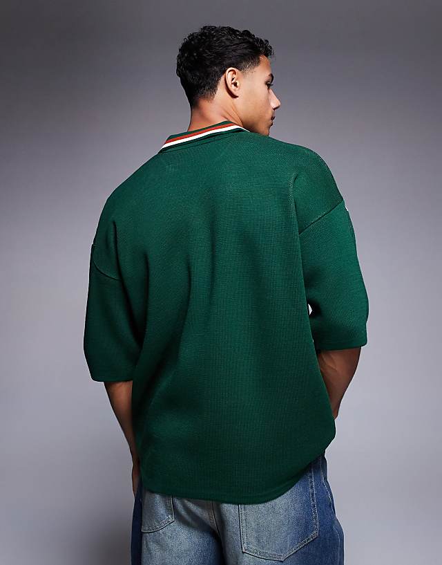 Asos ASOS DESIGN Relaxed Knitted Polo With Sport Graphic In Dark Green