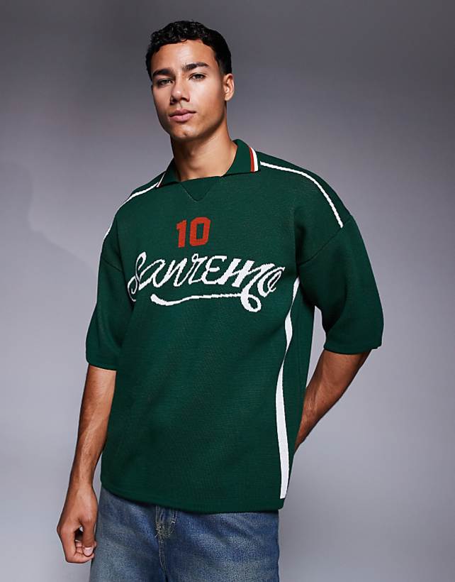 asos ASOS DESIGN relaxed knitted polo with sport graphic in dark green