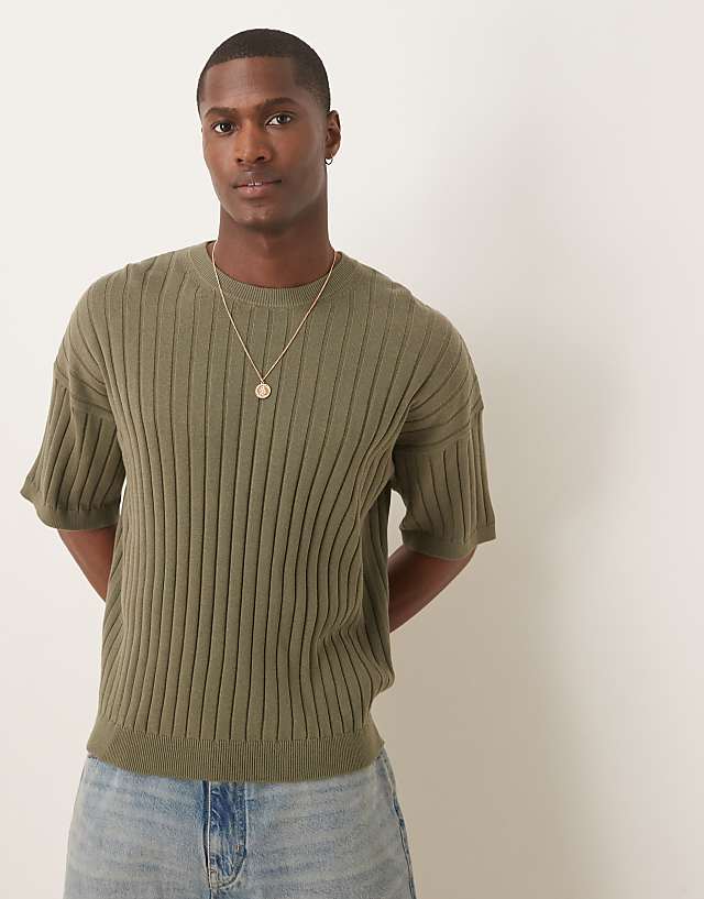 asos ASOS DESIGN relaxed knitted rib t-shirt in khaki