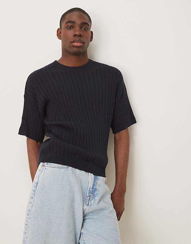 Asos ASOS DESIGN Relaxed Knitted Rib T-shirt In Navy
