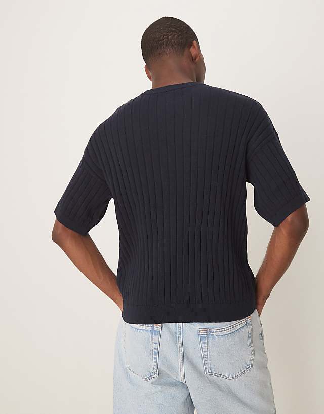 Asos ASOS DESIGN Relaxed Knitted Rib T-shirt In Navy
