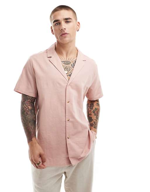Asos ASOS DESIGN Relaxed Linen Blend Shirt With Deep Revere Collar In Dusty Pink