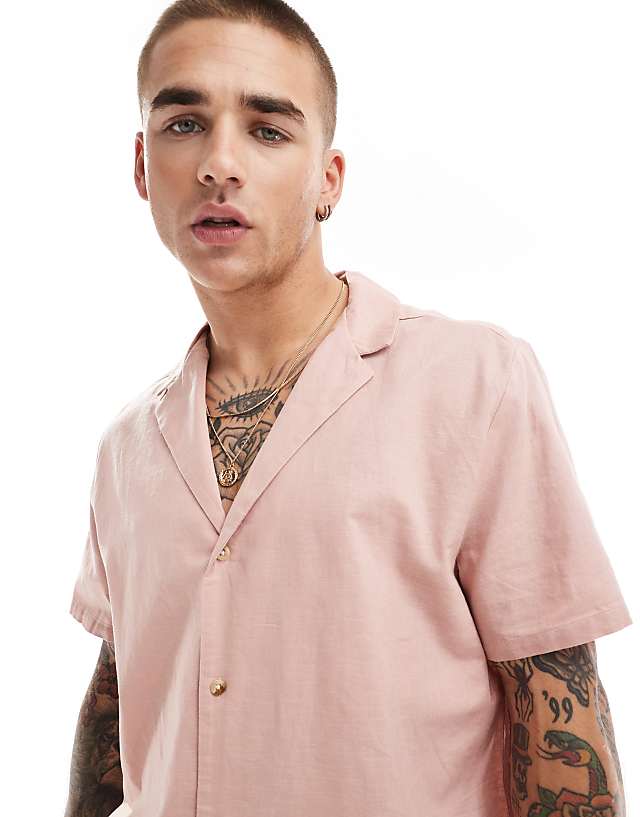 Asos ASOS DESIGN Relaxed Linen Blend Shirt With Deep Revere Collar In Dusty Pink