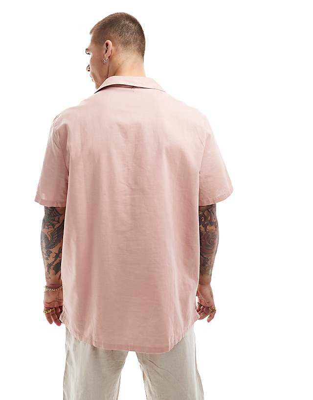 Asos ASOS DESIGN Relaxed Linen Blend Shirt With Deep Revere Collar In Dusty Pink