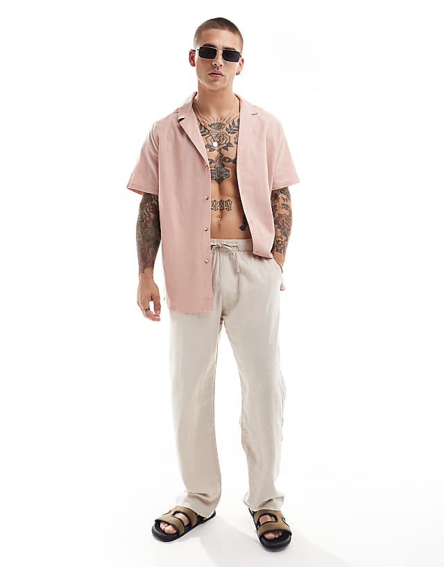 asos ASOS DESIGN relaxed linen blend shirt with deep revere collar in dusty pink