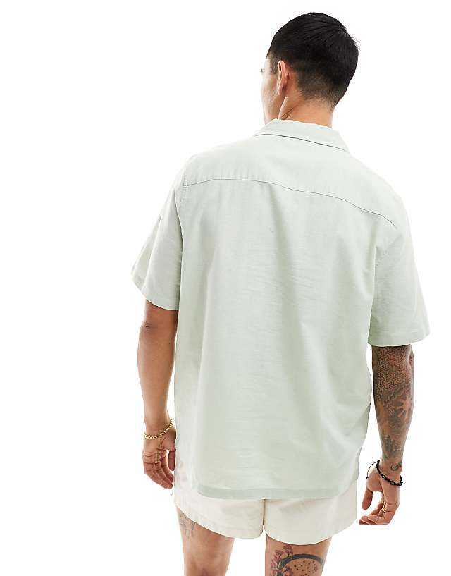 Asos ASOS DESIGN Relaxed Linen Blend Shirt With Revere Collar In Pale Green