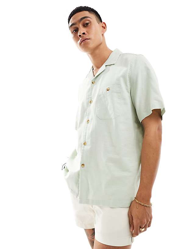 Asos ASOS DESIGN Relaxed Linen Blend Shirt With Revere Collar In Pale Green