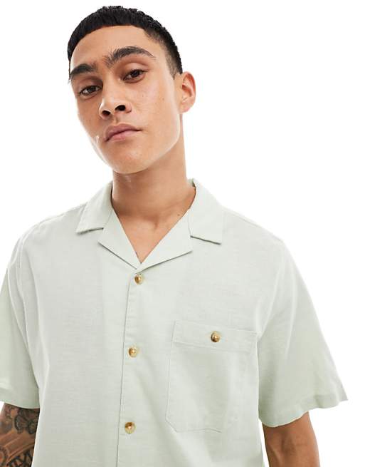 asos ASOS DESIGN relaxed linen blend shirt with revere collar in pale green