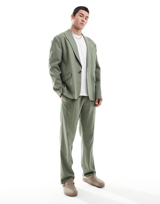 asos ASOS DESIGN relaxed linen blend slouchy suit in olive green