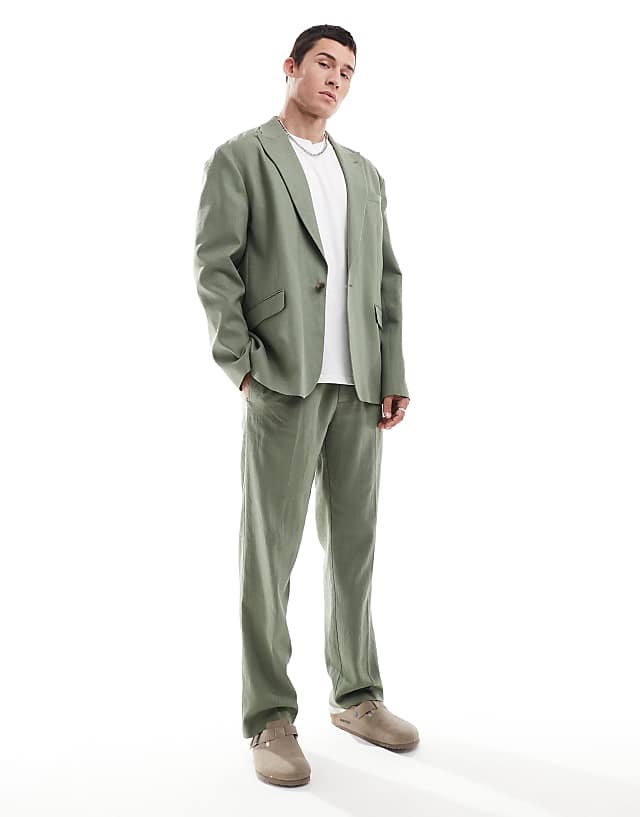 asos ASOS DESIGN relaxed linen blend slouchy suit in olive green