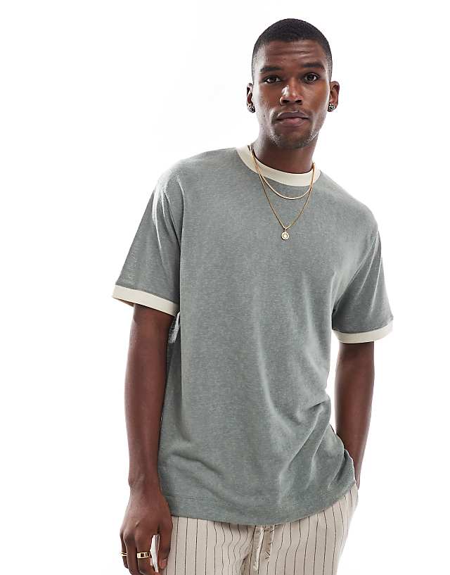 asos ASOS DESIGN relaxed linen look contrast seam t-shirt in grey