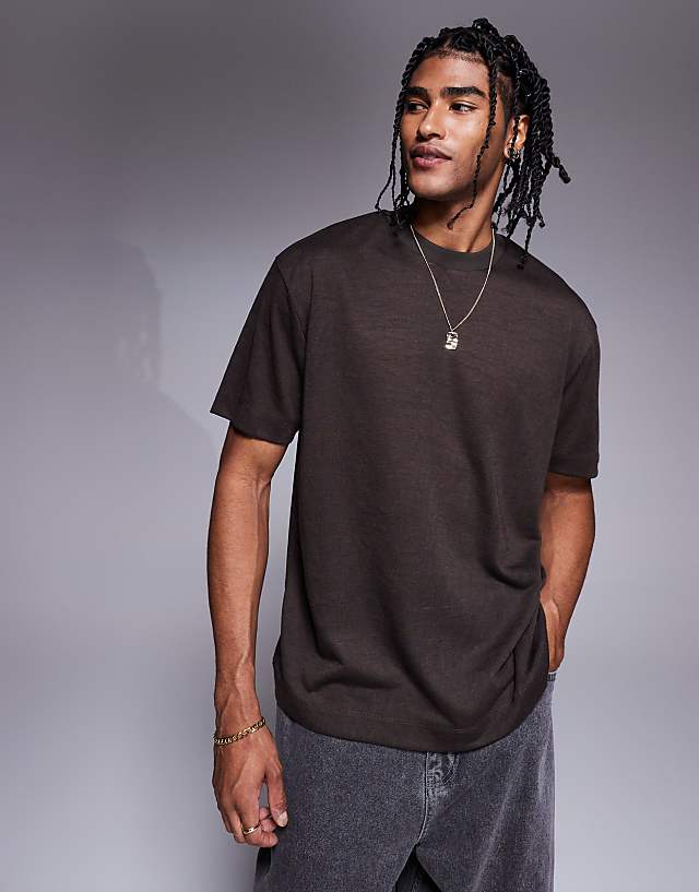 asos ASOS DESIGN relaxed linen look t-shirt in brown