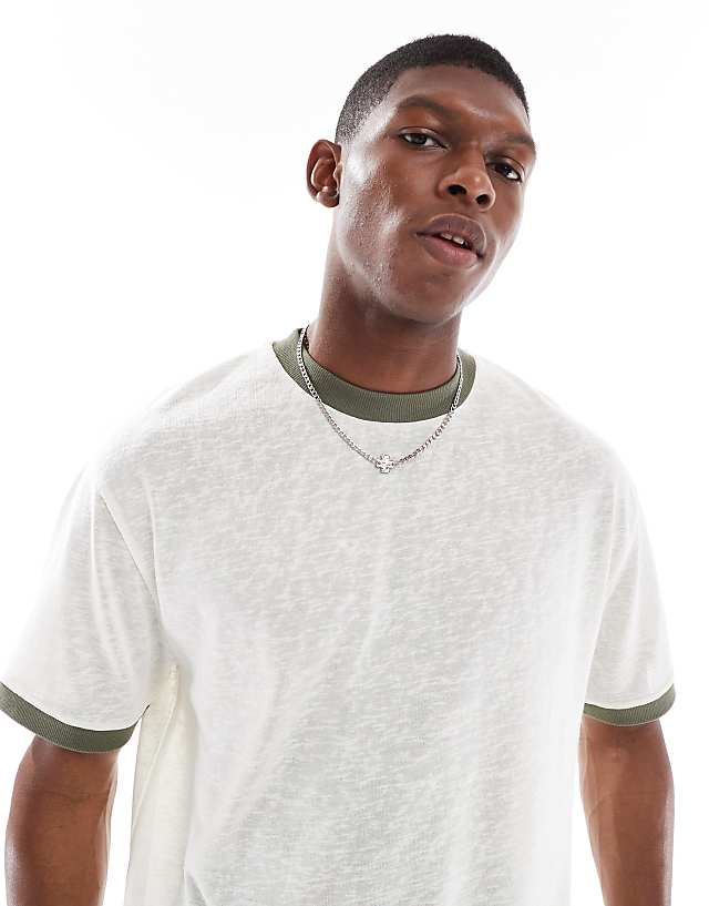 asos ASOS DESIGN relaxed linen look t-shirt with contrast detail in cream