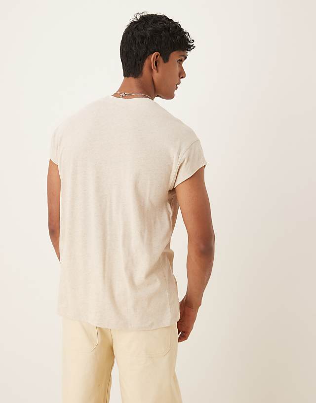 Asos ASOS DESIGN Relaxed Linen Mix T-shirt With Cap Sleeve In Beige