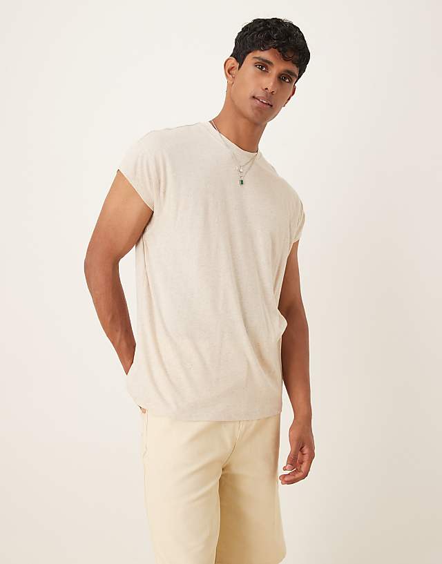 asos ASOS DESIGN relaxed linen mix t-shirt with cap sleeve in beige