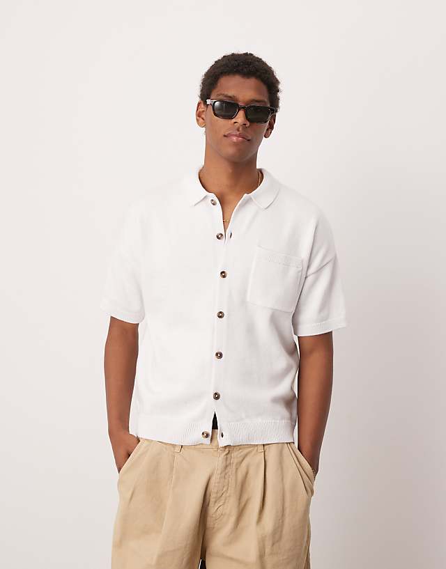 Asos ASOS DESIGN Relaxed Midweight Knitted Cotton Button Through Polo In White