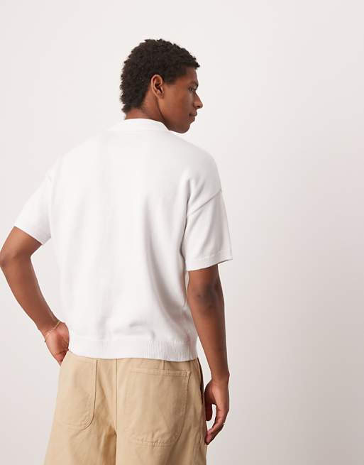 Asos ASOS DESIGN Relaxed Midweight Knitted Cotton Button Through Polo In White