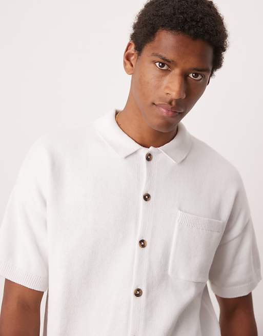 asos ASOS DESIGN relaxed midweight knitted cotton button through polo in white