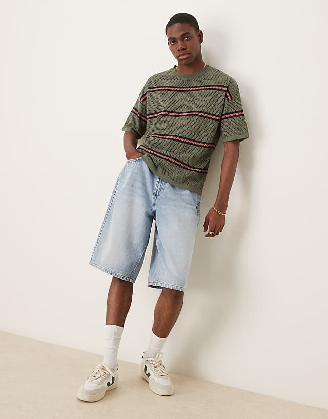 Asos ASOS DESIGN Relaxed Open Knitted Stripe T-shirt In Green