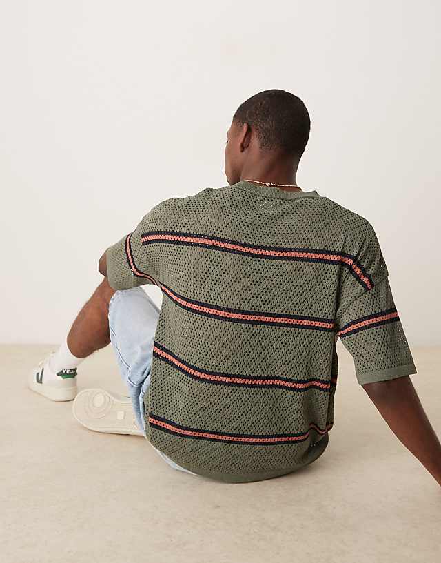 Asos ASOS DESIGN Relaxed Open Knitted Stripe T-shirt In Green