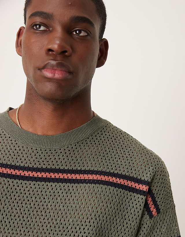 Asos ASOS DESIGN Relaxed Open Knitted Stripe T-shirt In Green