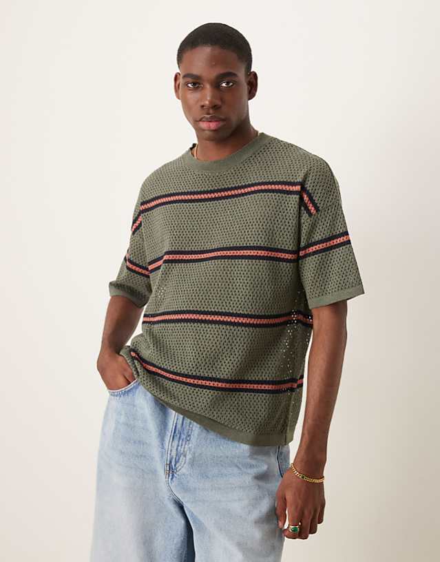 asos ASOS DESIGN relaxed open knitted stripe t-shirt in green