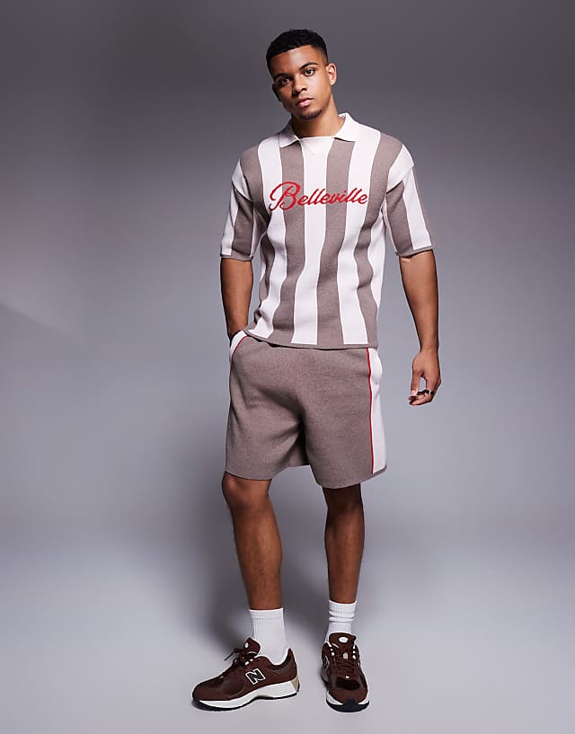 asos ASOS DESIGN relaxed polo jersey with Belleville graphic and shorts co-ord in stone