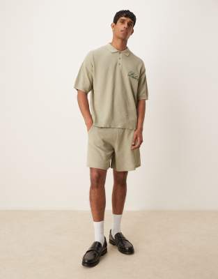 Asos ASOS DESIGN Relaxed Polo With Palermo Embroidery And Shorts Co-ord In Sage Green