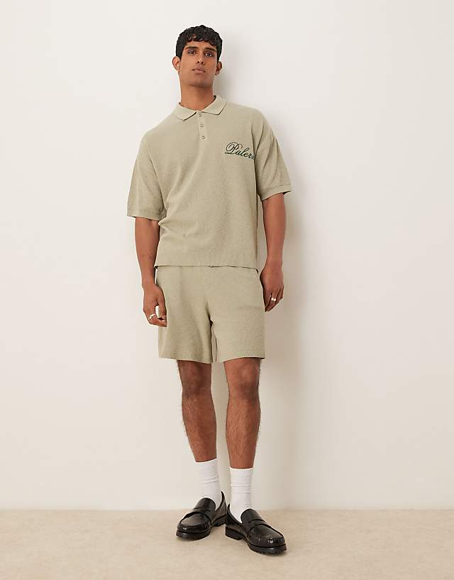 asos ASOS DESIGN relaxed polo with Palermo embroidery and shorts co-ord in sage green
