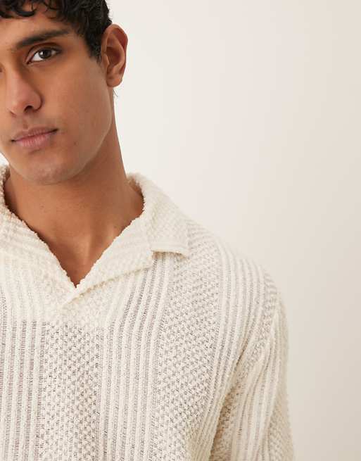 Asos ASOS DESIGN Relaxed Polo With Revere Collar In Cream Texture