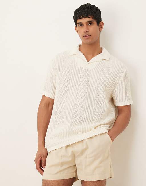 asos ASOS DESIGN relaxed polo with revere collar in cream texture