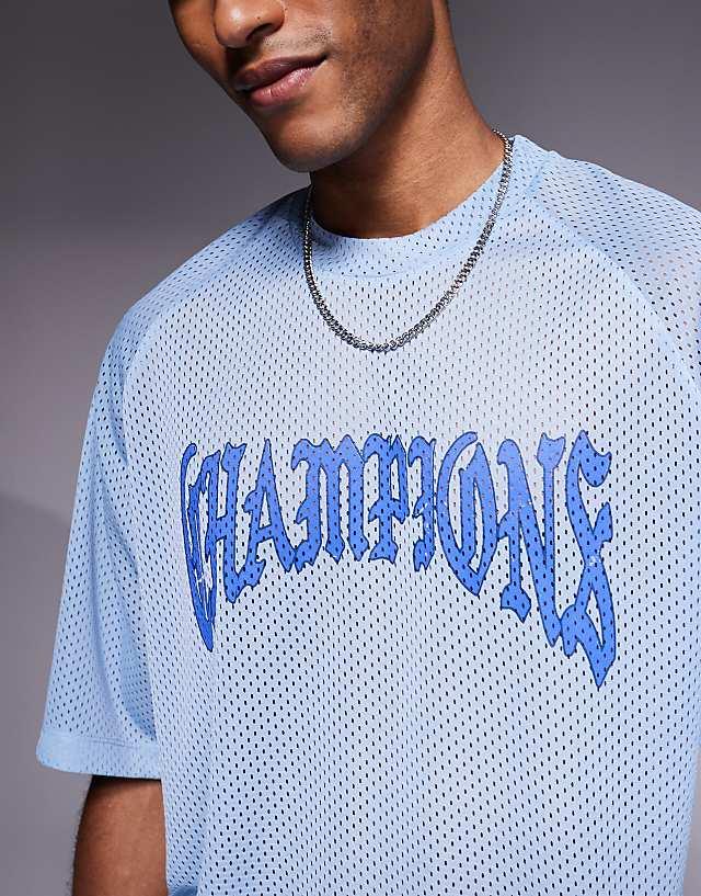 Asos ASOS DESIGN Relaxed Raglan T-shirt With Champions Graphic In Blue Airtex