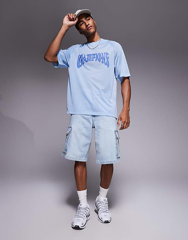 Asos ASOS DESIGN Relaxed Raglan T-shirt With Champions Graphic In Blue Airtex