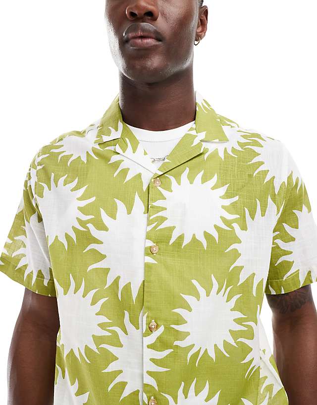 Asos ASOS DESIGN Relaxed Revere Linen Look Shirt With Sun Print In Green