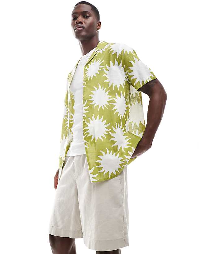 Asos ASOS DESIGN Relaxed Revere Linen Look Shirt With Sun Print In Green