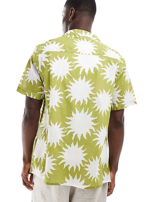 Asos ASOS DESIGN Relaxed Revere Linen Look Shirt With Sun Print In Green
