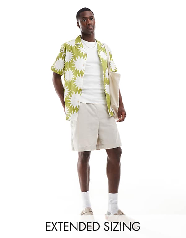 asos ASOS DESIGN relaxed revere linen look shirt with sun print in green