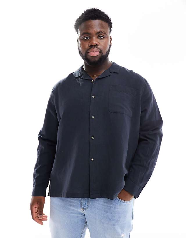 Asos ASOS DESIGN Relaxed Revere Shirt In Linen Mixed With Patched Pocket In Black