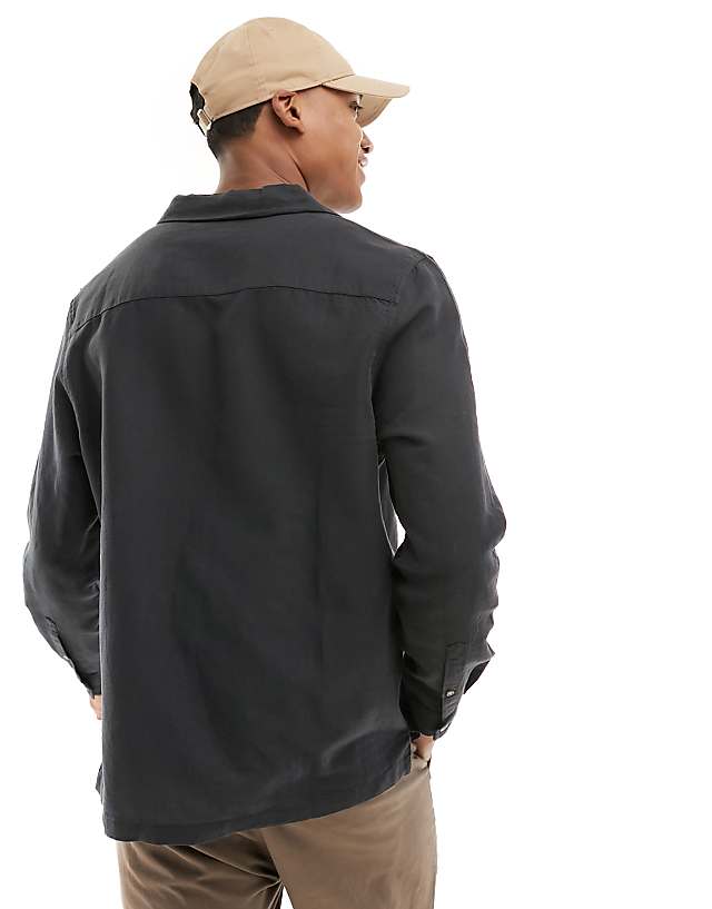 Asos ASOS DESIGN Relaxed Revere Shirt In Linen Mixed With Patched Pocket In Black