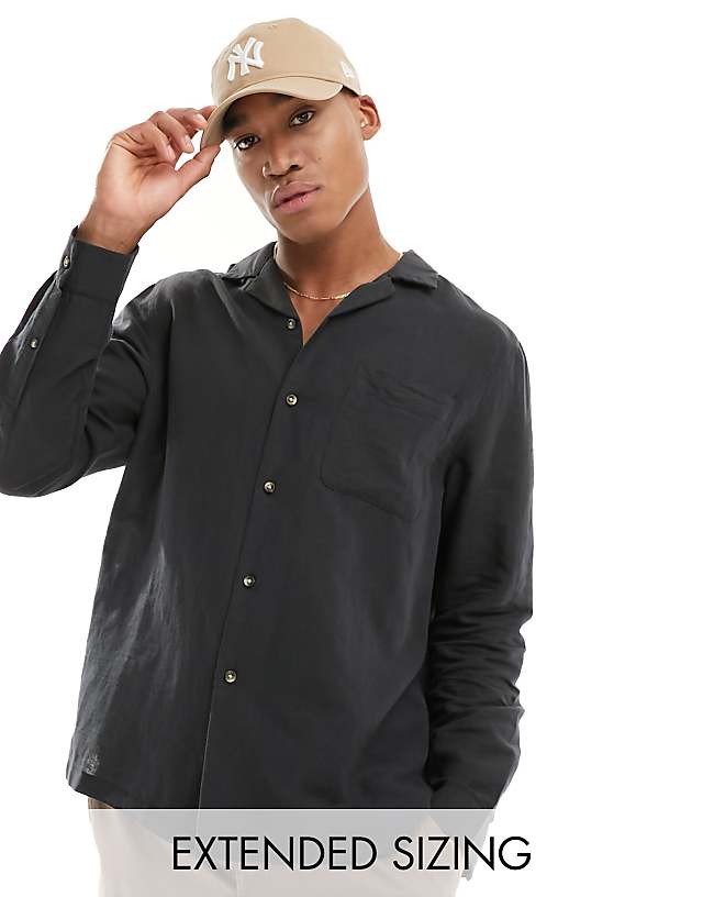 asos ASOS DESIGN relaxed revere shirt in linen mixed with patched pocket in black