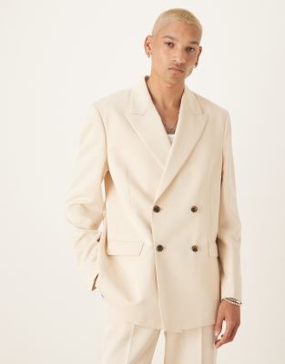 Asos ASOS DESIGN Relaxed Square Shoulder Double Breasted Suit With Cotton In Ecru