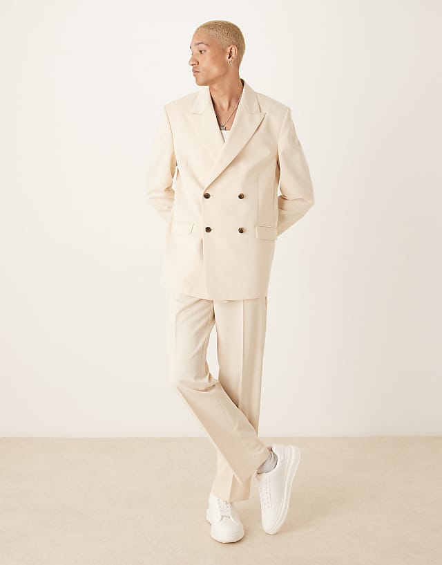 asos ASOS DESIGN relaxed square shoulder double breasted suit with cotton in ecru