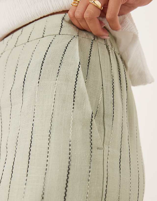 Asos ASOS DESIGN Relaxed Straight Leg Trousers With Linen In Sage Squiggle Stripe